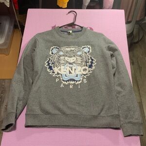 Kenzo Men's Gray Crewneck with Blue and White Tiger Patch